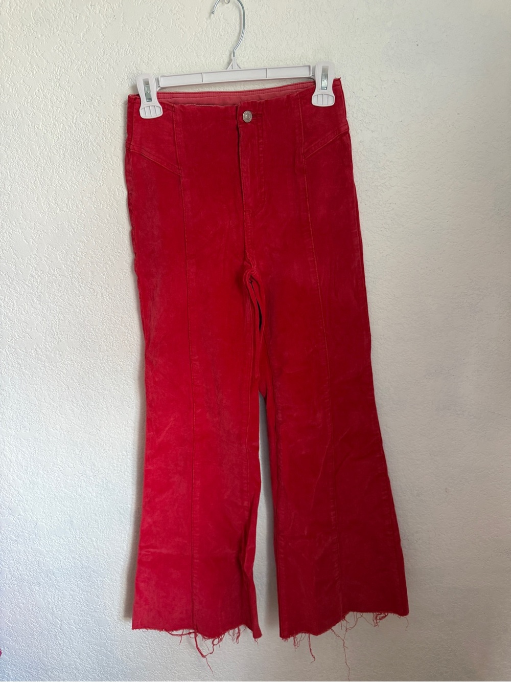 Free People We The Free Coral Red Corduroy Flare Pants Raw Hem Size 24